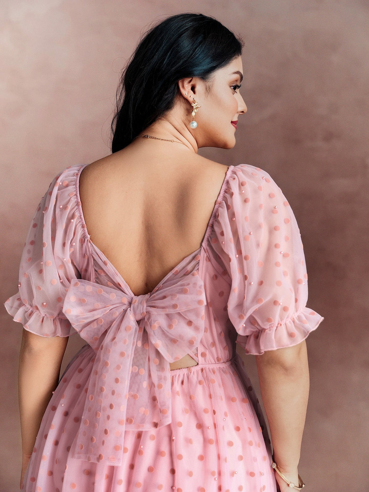 Sheer Romantic Flocking Back-Tie Midi Dress