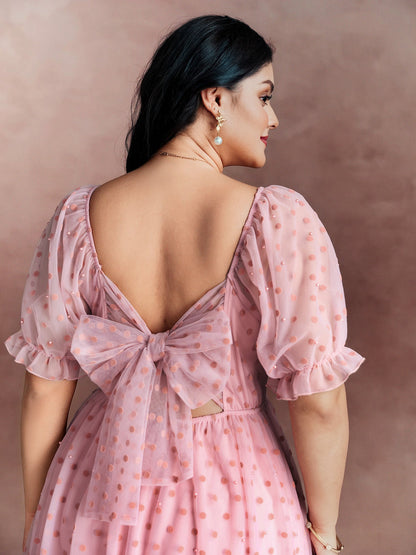 Sheer Romantic Flocking Back-Tie Midi Dress
