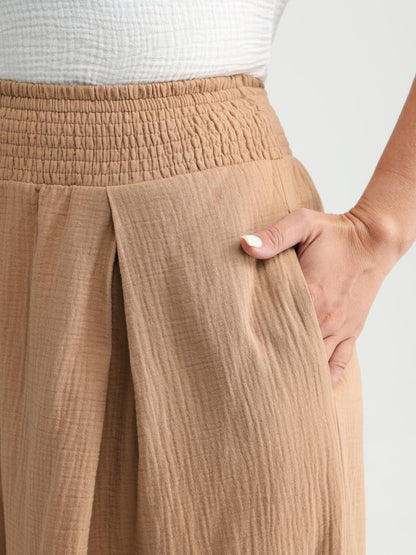 Cotton Pleated Shirred Waist Pants