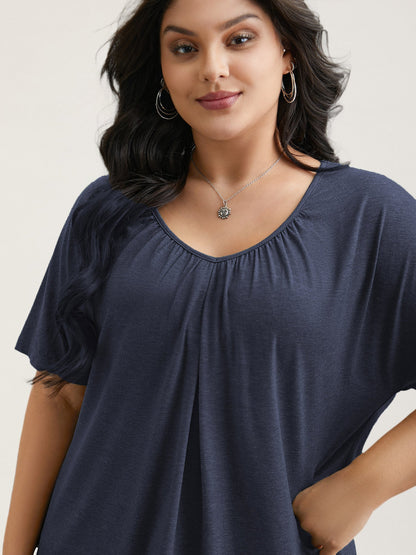 Pleated Plain Half-Sleeve Knit Top