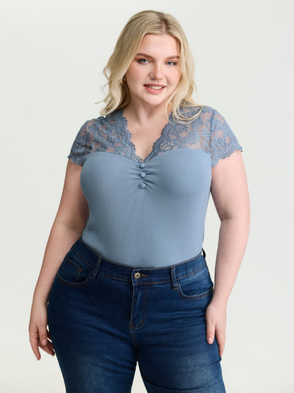 Sheer Lace Neckline Shirred Knit Top