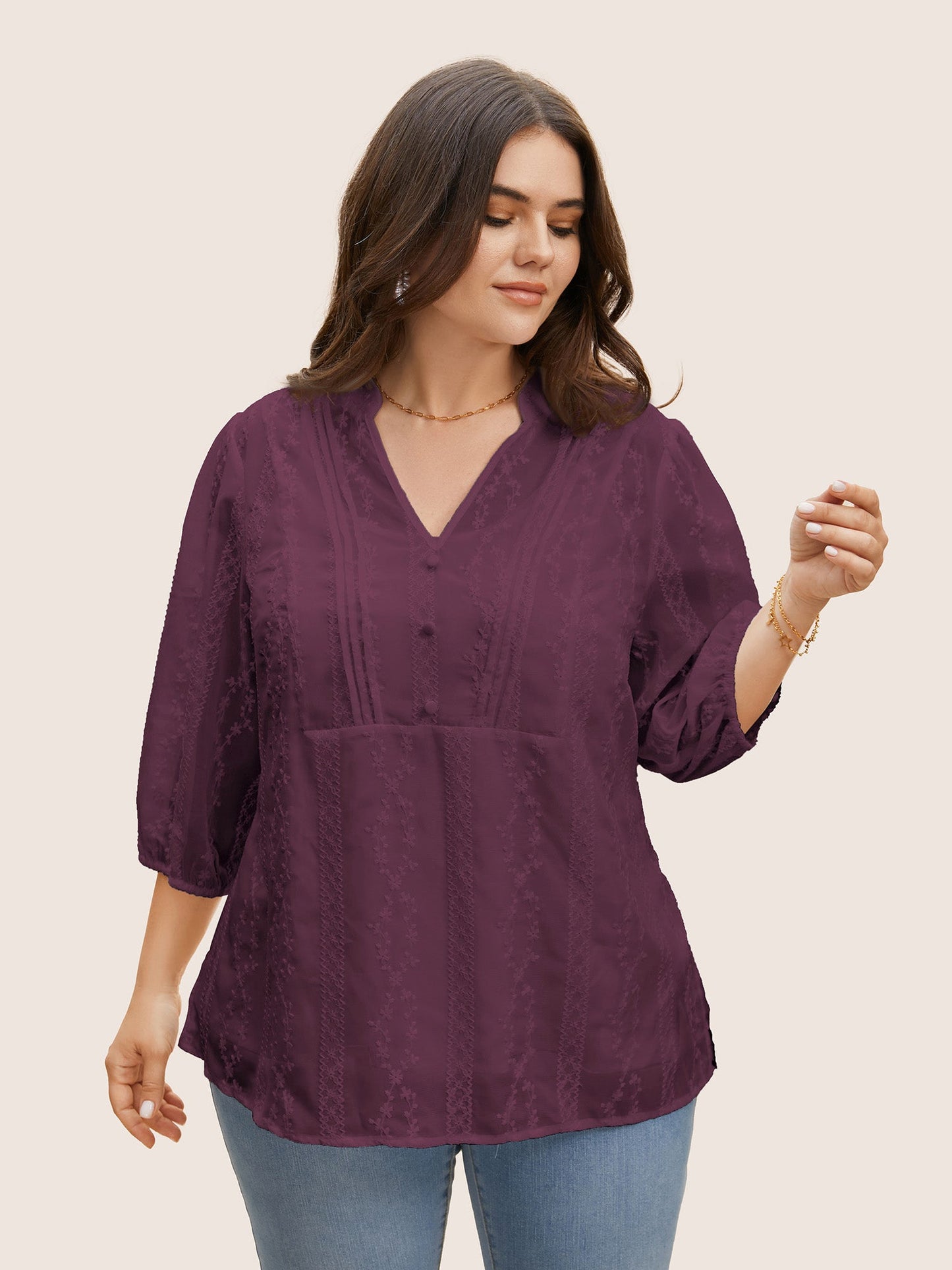 Texture Mesh Button Detail Tucked Seam Blouse