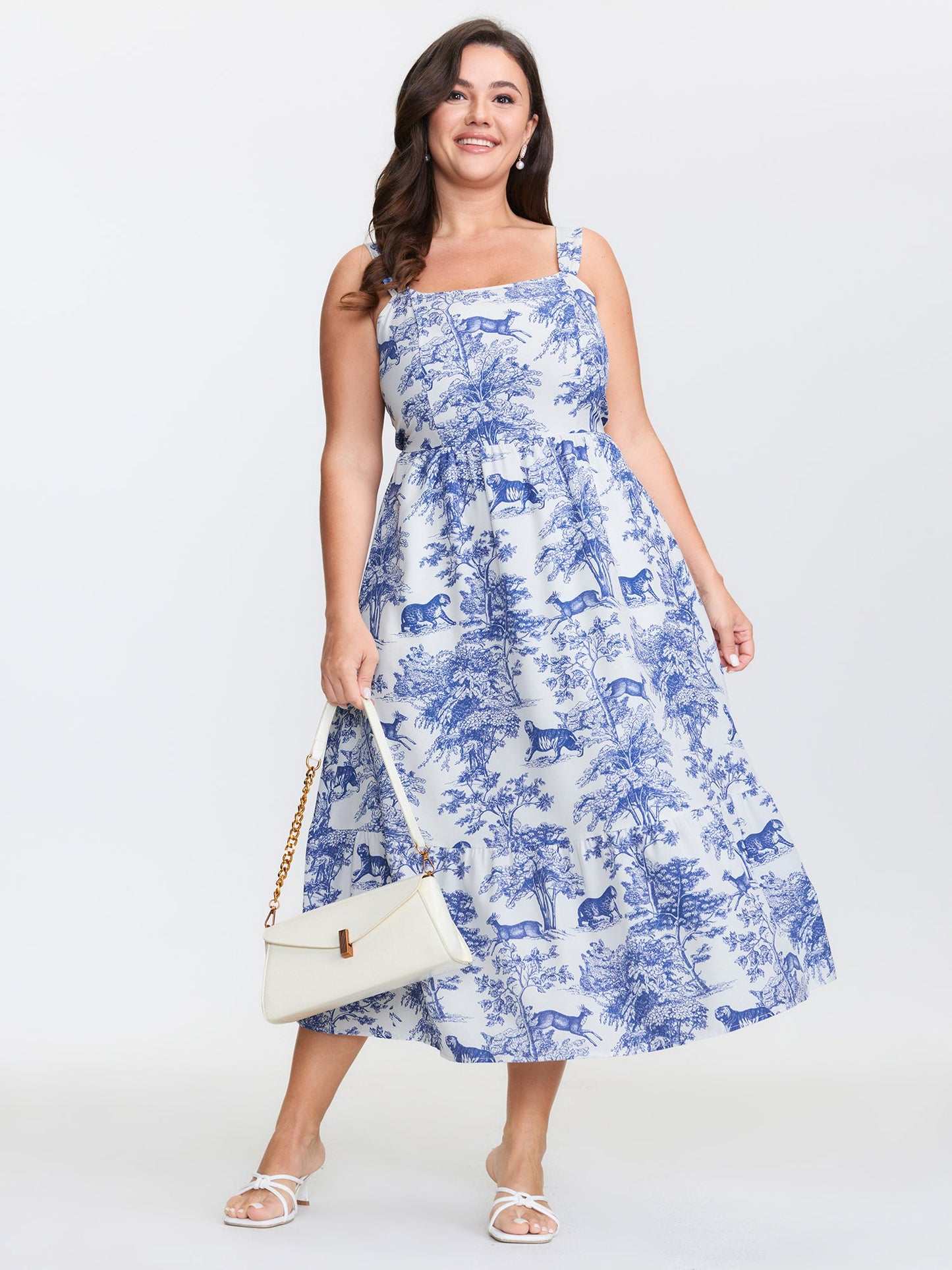 plus size  Floral Print Pockets Stretchy Waist Midi Dress