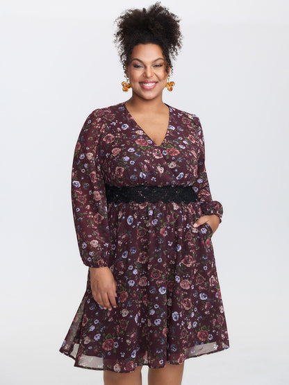 Floral Lace Trim Cinched-Waist Mini Dress