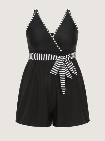 Monochrome Striped Belted One-Piece Swimsuit