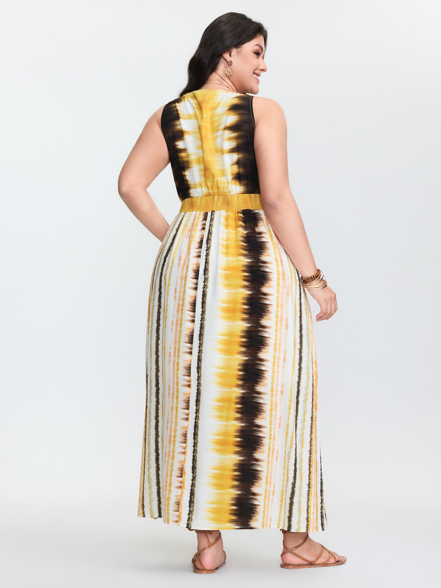 Color Gradient V-Neck Shirred Waist Maxi Dress