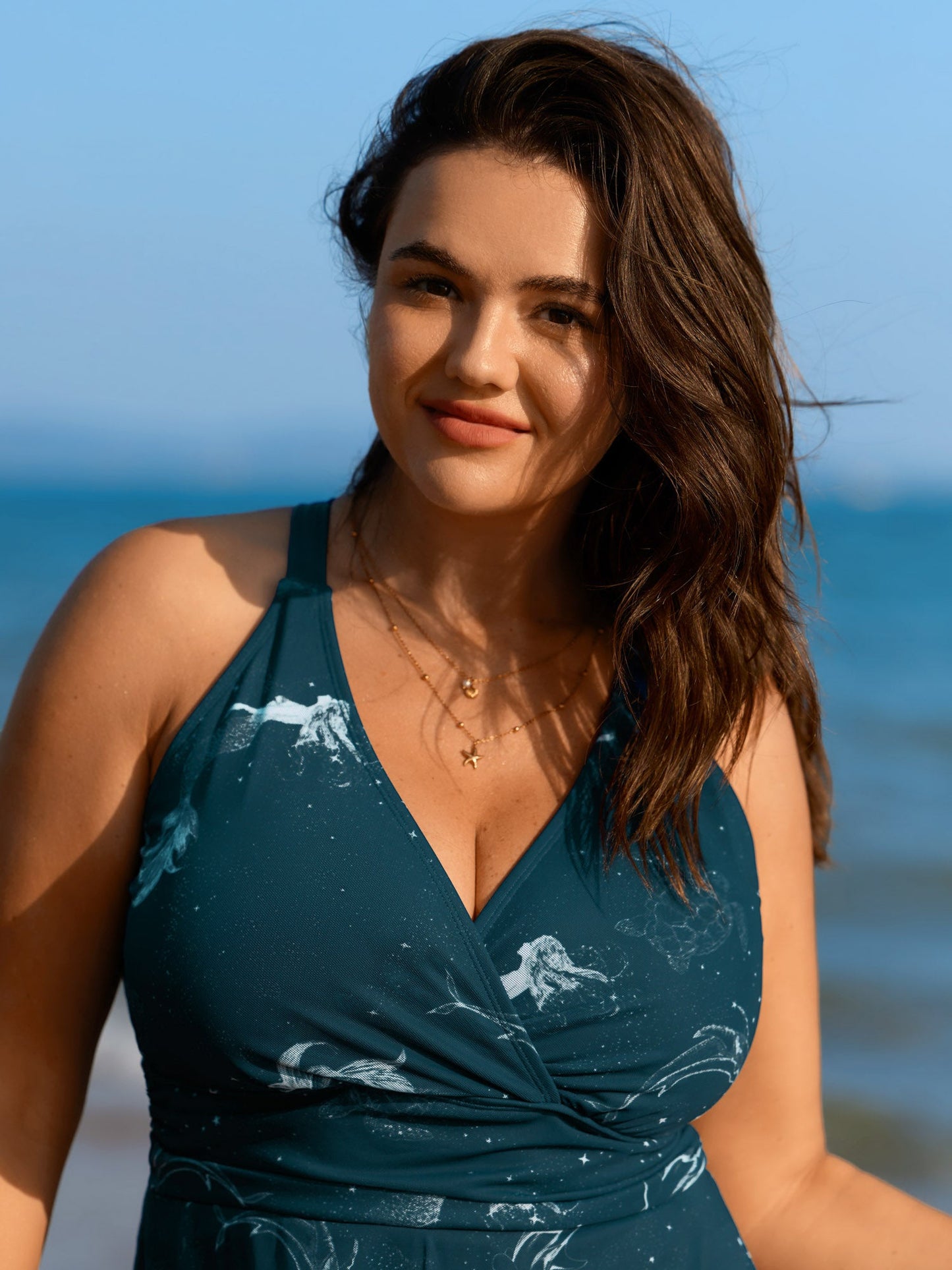 Ocean Pattern Mesh Surplice Swim Dress