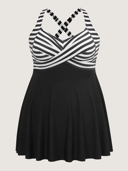 Striped Contrast Twist Front Swim Dress