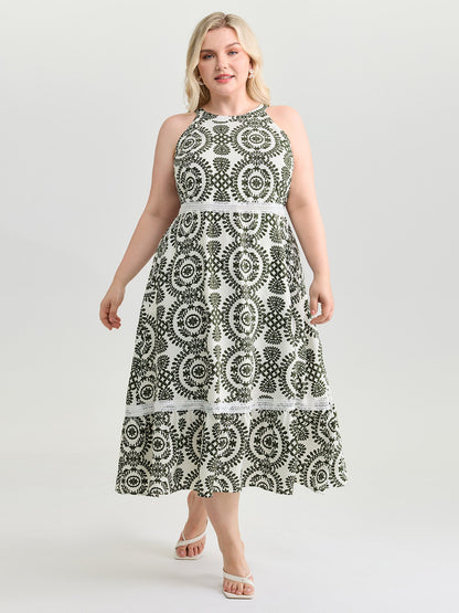 Ornate Print Lace Trim Halter Neckline Midi Dress