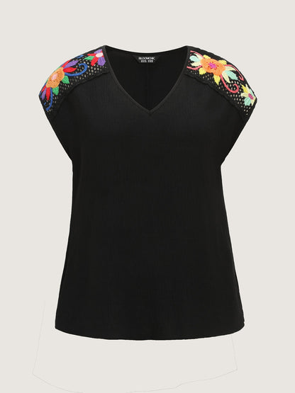 Colorful Openwork Crochet V-Neck Blouse
