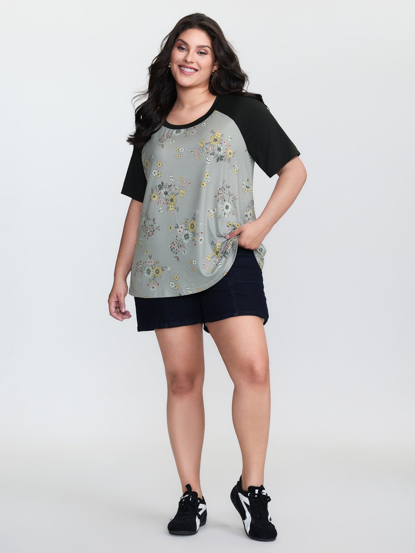 Floral Print Contrast Raglan Sleeve T-Shirt