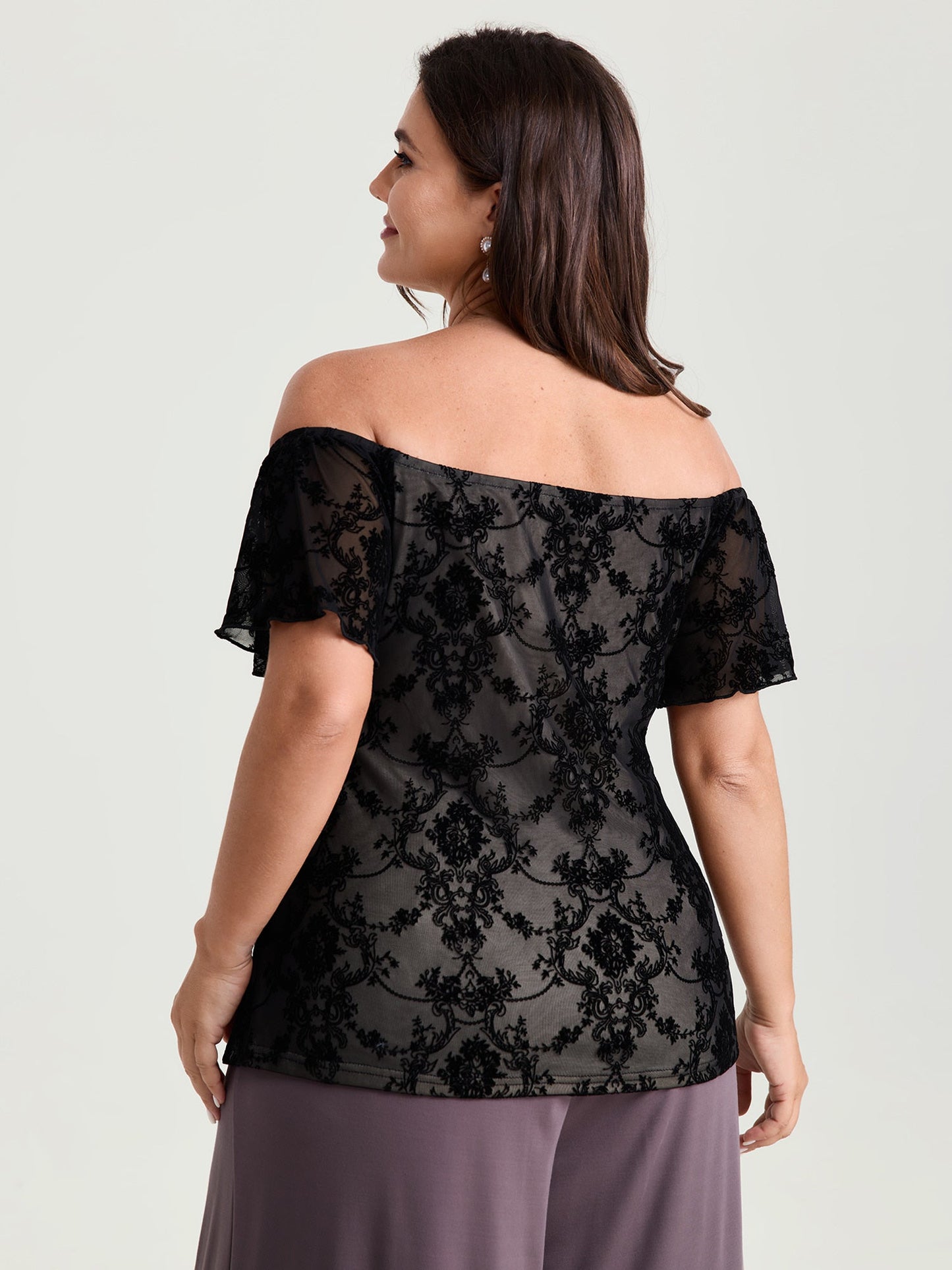 Flocked Floral Off-Shoulder T-Shirt