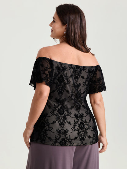 Flocked Floral Off-Shoulder T-Shirt