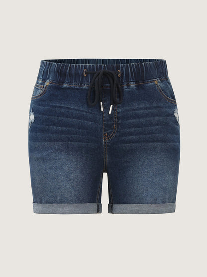 Mid-Rise Drawstring Elastic Waist Denim Shorts