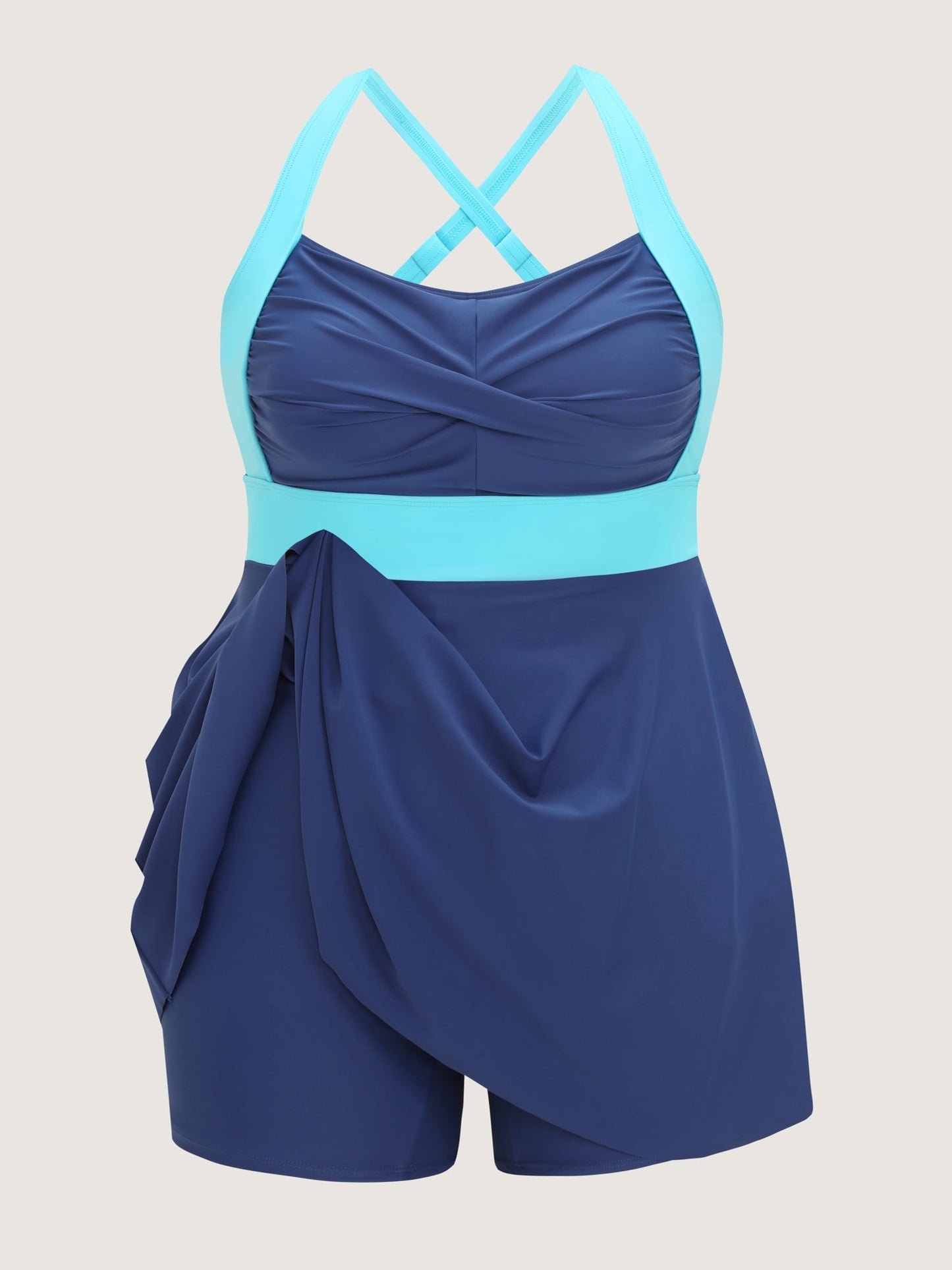 Color Contrast Twist Front Swim Dress
