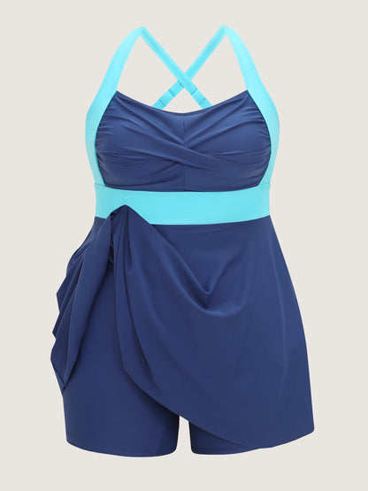 Color Contrast Twist Front Swim Dress