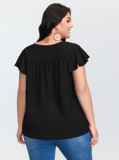 Embroidered Neckline Flutter Sleeve Blouse
