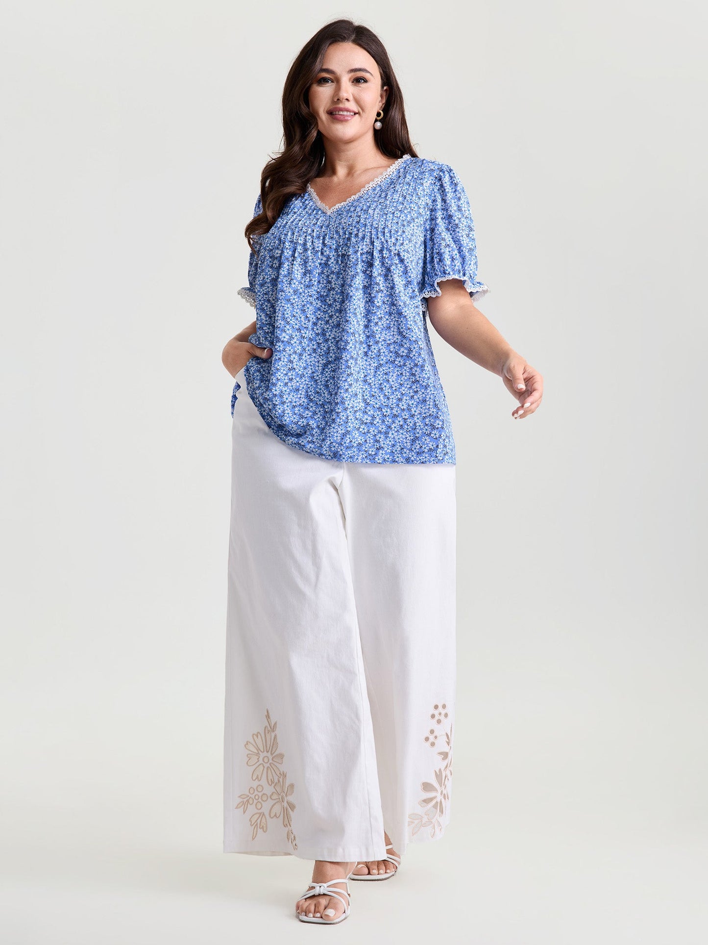 Micro Floral Print Lace Trim Blouse