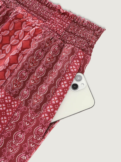 Geometric Print Flared Shirred Waist Pants