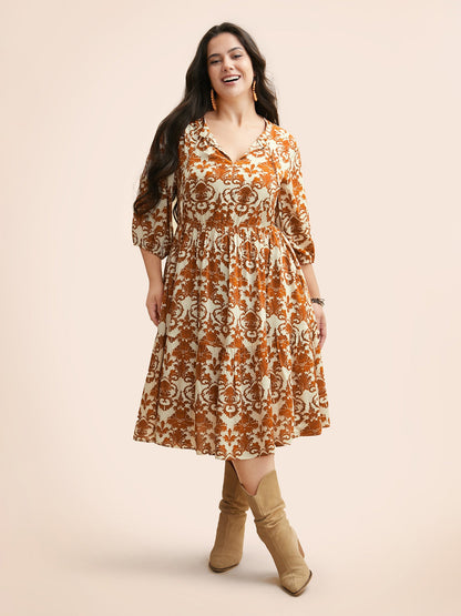 Damask Print Tie Knot Puff Sleeve Dress