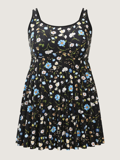Floral Print Cinched Flared Swim Dress