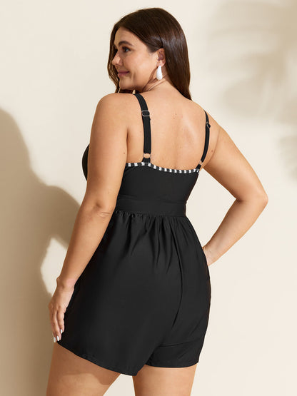 Monochrome Striped Belted One-Piece Swimsuit