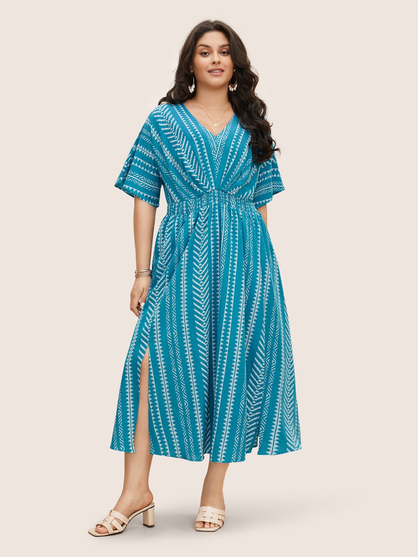 plus size Solid Geometric Dolman Sleeve Pocket Shirred Split Hem Dress
