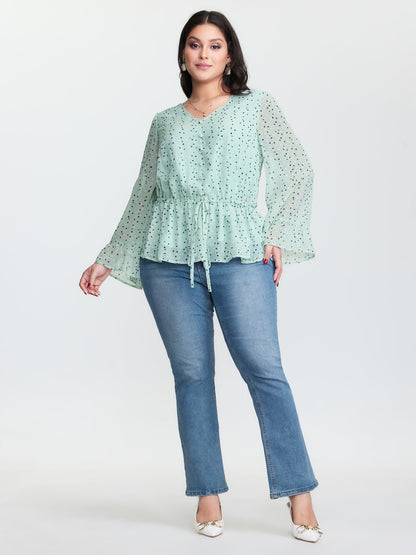 Polka Dots Waist-Tie V-Neck Blouse