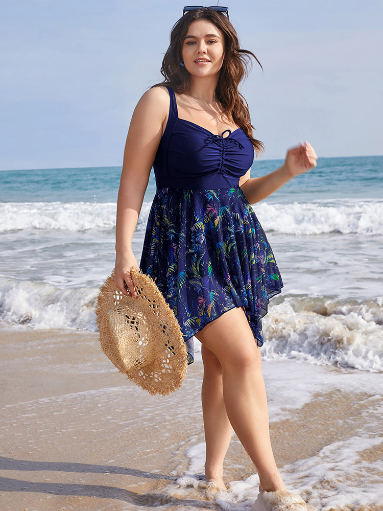 Tropical Ruched Ties Hanky Hem Crisscross Swim Dress
