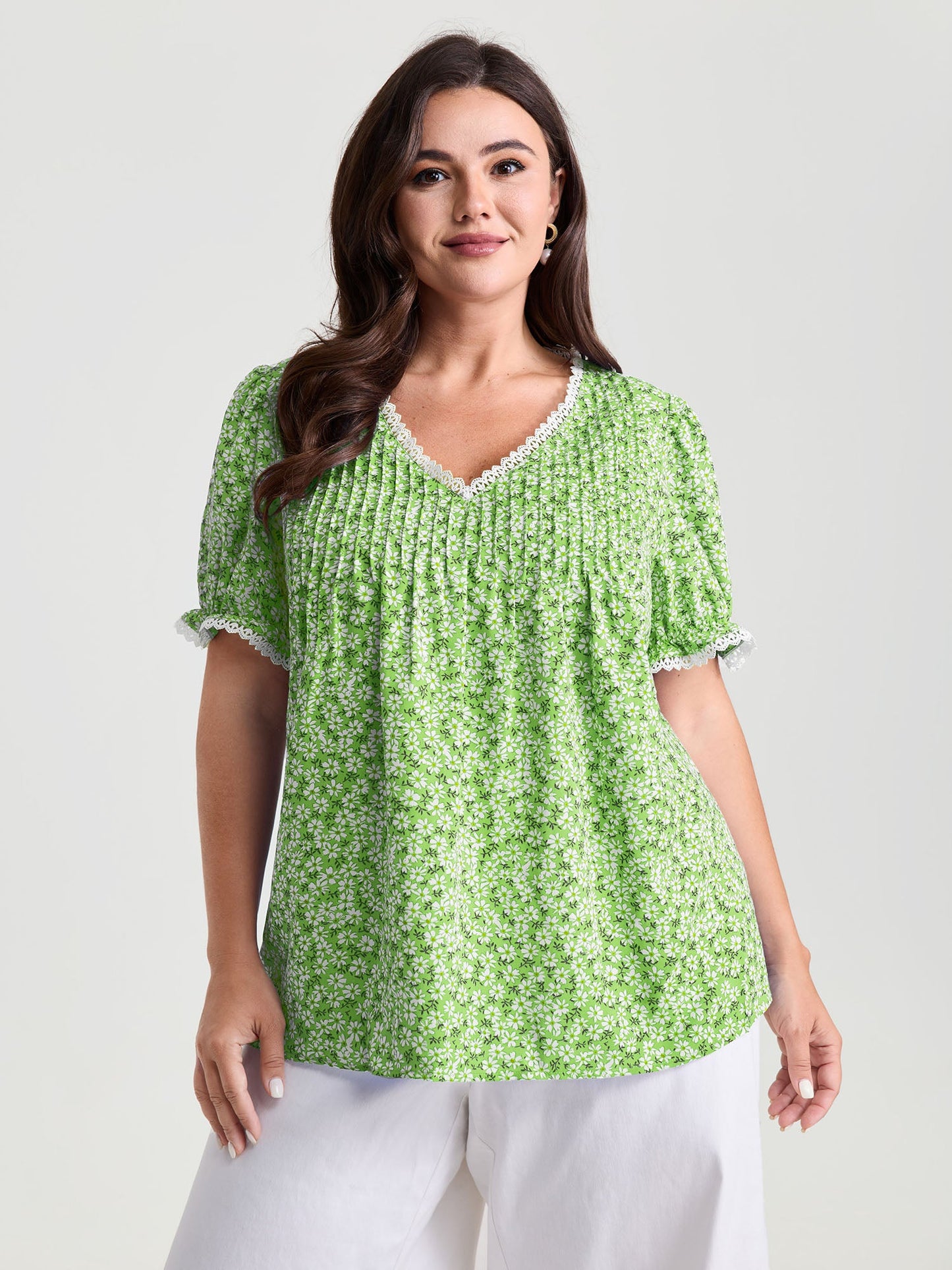 Micro Floral Print Lace Trim Blouse