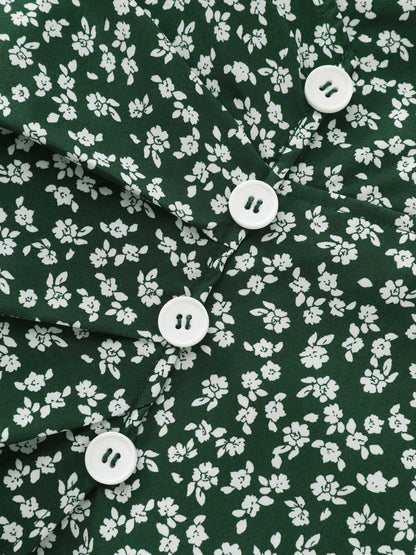 Micro Floral Print Ruched Button Detail Midi Dress