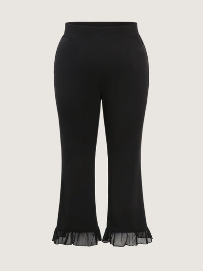 Ruffled Flared Hem Plain Pants