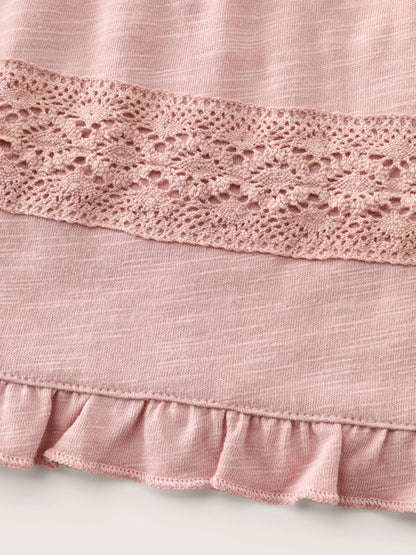 Lace Trim Ruffled Hem Plain Knit Top