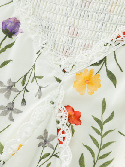 Floral Print Lace Trim Cinched Waist Midi Dress