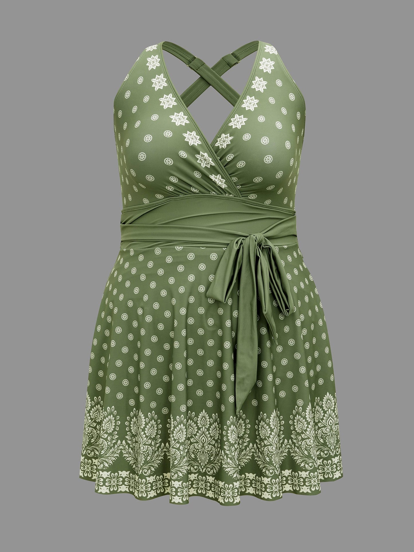 Boho Print Waist-Tie Surplice Neck Swim Dress