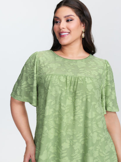 Textured Lace Neckline Flowy Sleeve Blouse