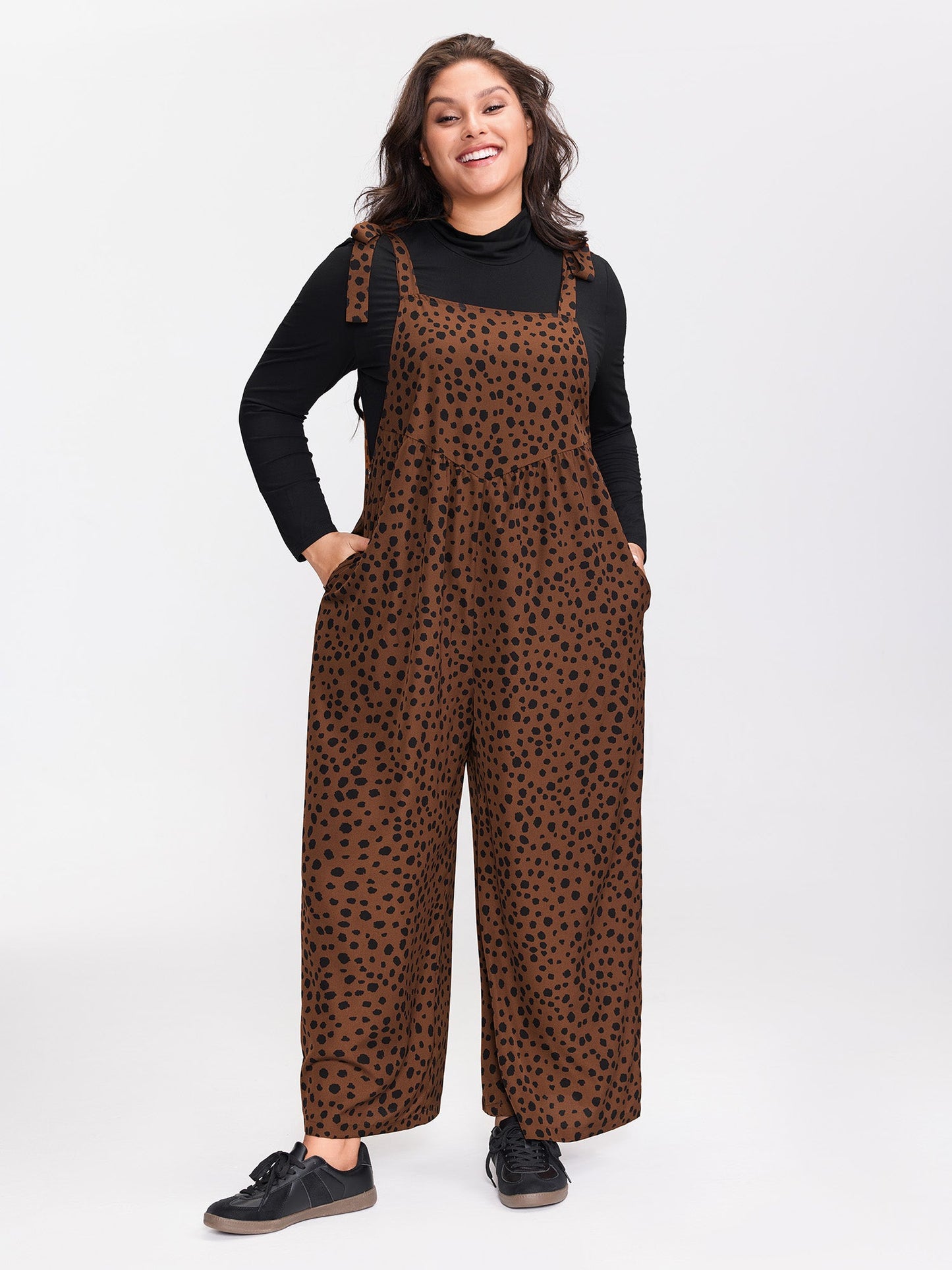 Leopard Print Shirred Shoulder Ties Jumpsuit