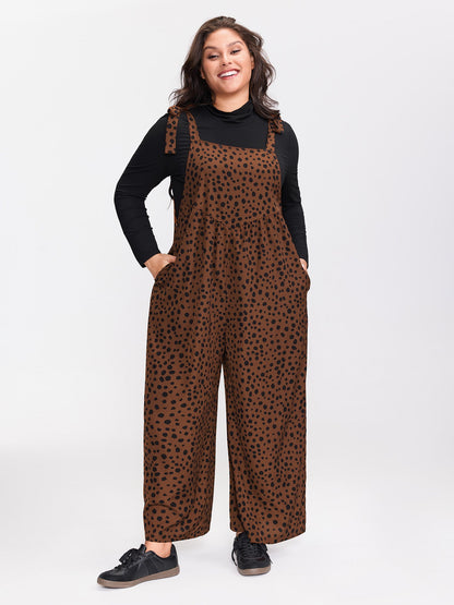 Leopard Print Shirred Shoulder Ties Jumpsuit