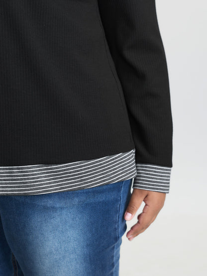 Striped Contrast Button Placket T-Shirt