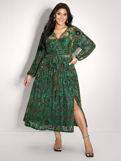 Laser-Cut Velvet Waist-Tie Maxi Dress