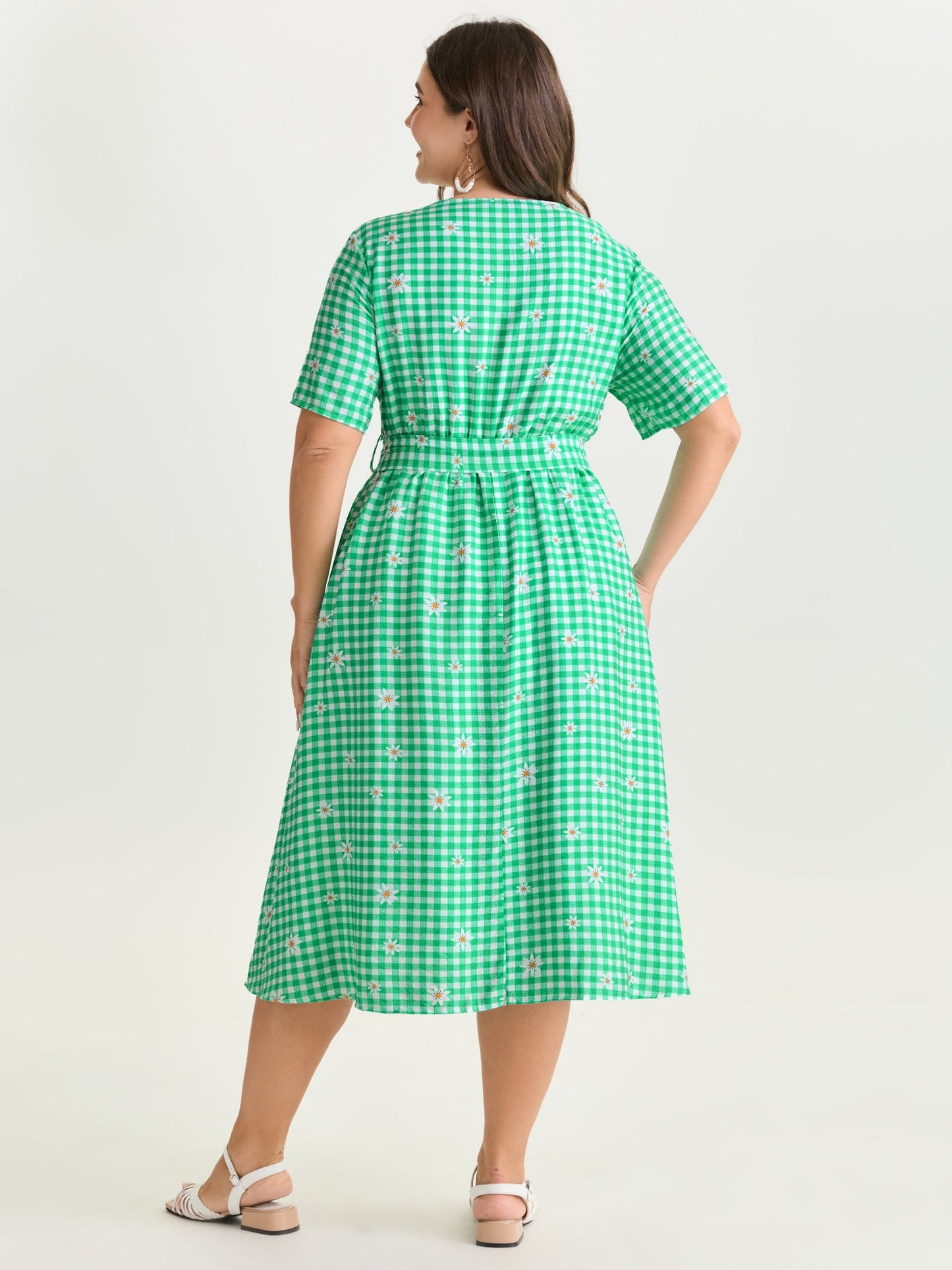 Floral Check Print Waist-Tie Midi Dress