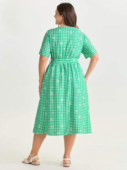 Floral Check Print Waist-Tie Midi Dress