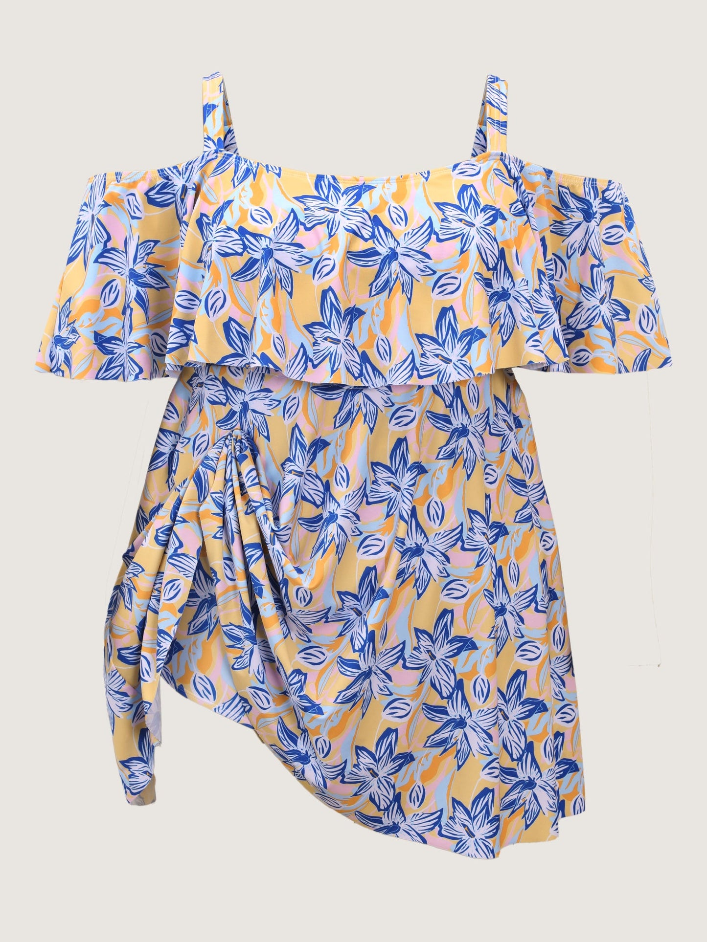Floral Ruffle Trim Off Shoulder Pockets Swim Dress