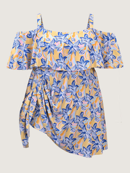 Floral Ruffle Trim Off Shoulder Pockets Swim Dress