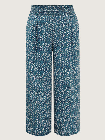 Micro Floral Print Wide Shirred Waistband Pants