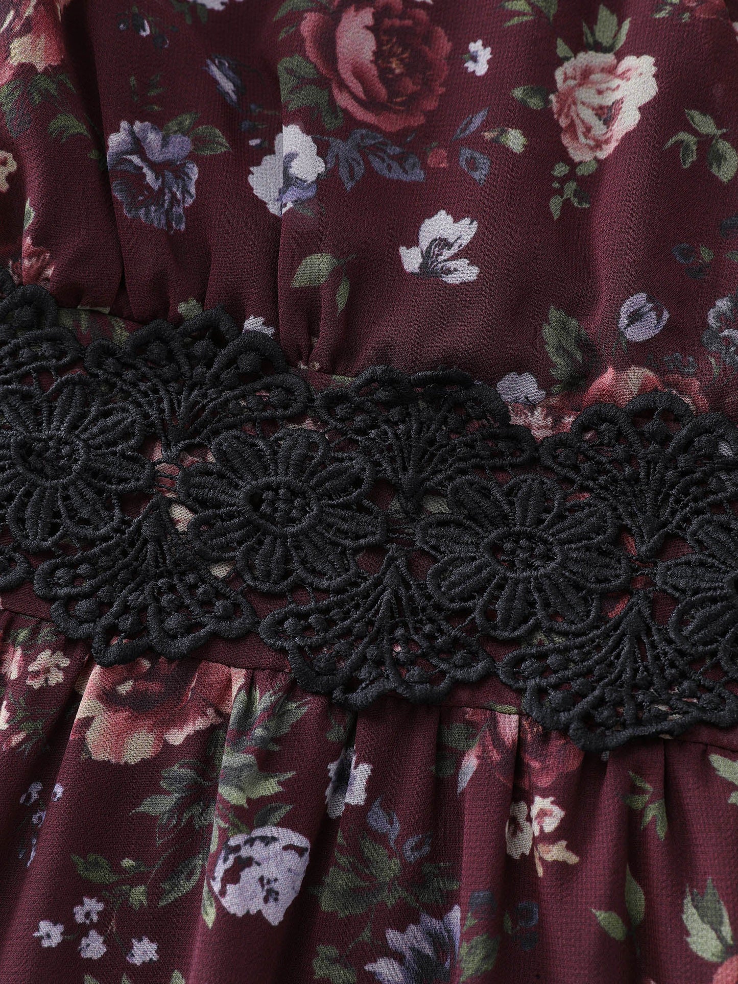 Floral Lace Trim Cinched-Waist Mini Dress