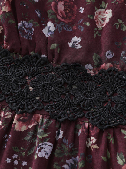 Floral Lace Trim Cinched-Waist Mini Dress