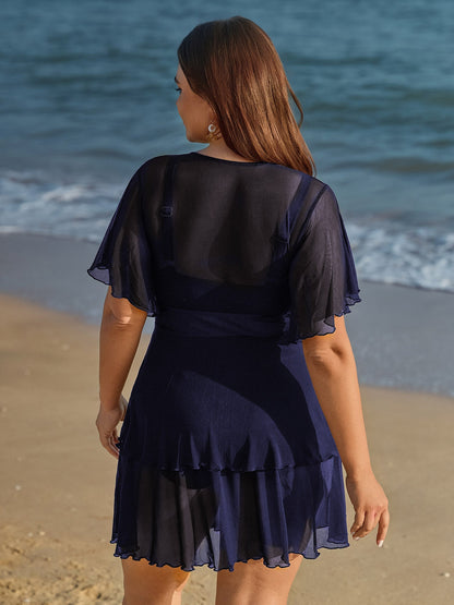 Sheer Ruffled Sleeve Layered Swim Dress