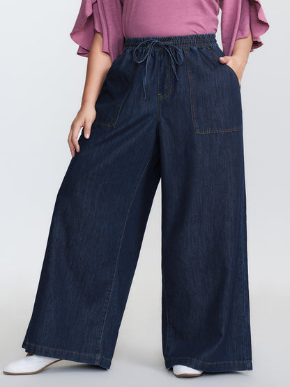 Cotton Stretchy Waist Drawstring Wide-Leg Jeans