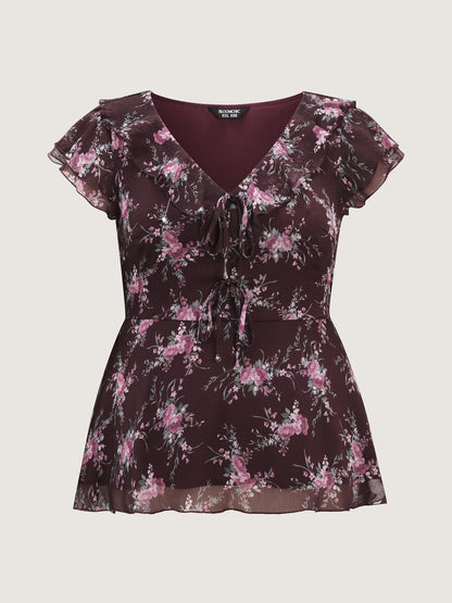 Romantic Floral Print Layered Ruffled Sleeve Blouse